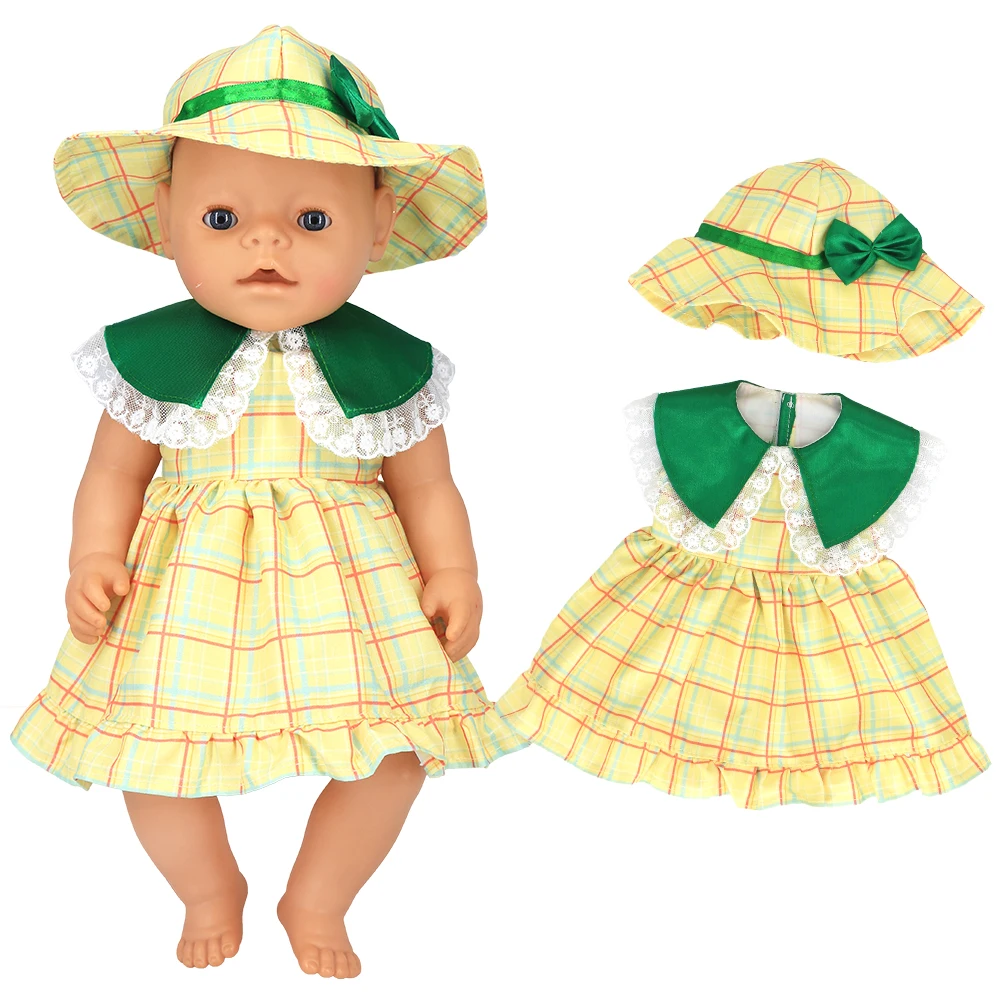

16-18 Inch Doll Plaid Dress and Hat Suit Toys Silicone Doll Clothes for 43cm Newborn Baby Zapf and 18 Inch Girl American Dolls
