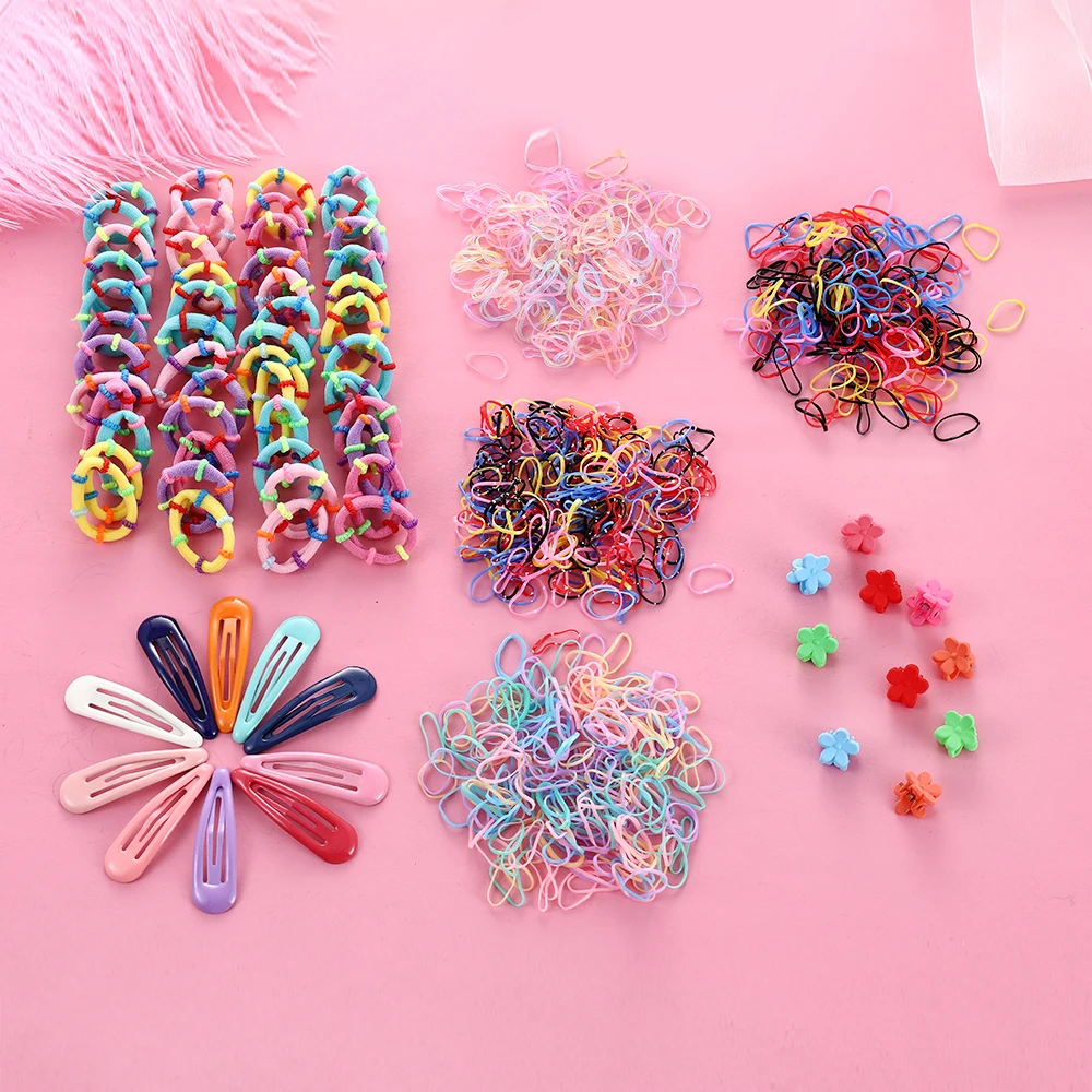 

870pcs Candy Color Girls Hair Clip Small Flower Catch Clip Rope Rubber Band Ponytail Children Hair Accessory Set Gift 2020 New