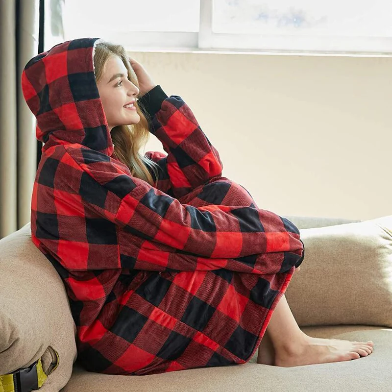 

FMFSSOM 2021 Autumn Winter Thick Warm Plaid TV Hooded Blanket Sofa Cozy Women Bathrobe Adults Kids Sweatshirt Pullover Outwear
