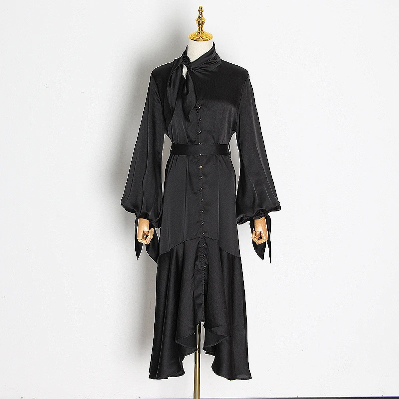 

CHICEVER Sexy Hollow Out Dress Female Stand Collar Flare Sleeve Lace Up High Waist Asymmetrical Midi Women Dresses 2020 Fashion