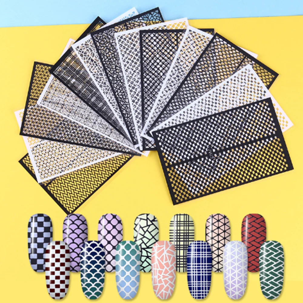 

Fish Scale Nail Vinyls Adhesive Ultra-thin Plaid Net Line Hollow 3d Nail Stencil Sticker For Manicure Nail Art Decoration