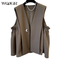 wqjgr jackets women v neck folds single button design casual style loose black khaki female outcoat 2021 autumn fashion