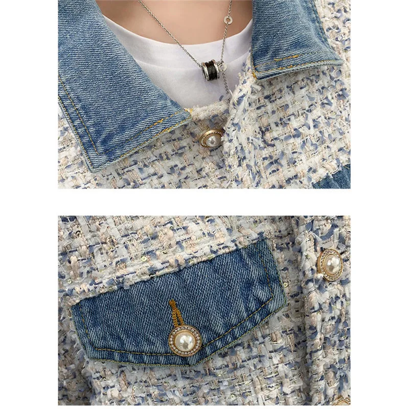 

Denim Blue Patchwork Tweed Jacket Coat 2019 Autumn Women's Long Sleeve Woolen Plaid Pearl Buckle Pocket Runway Jacket Tops f1368