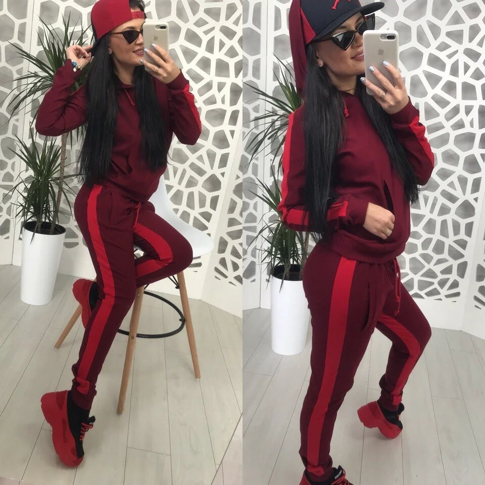 

Donsignet Women's Suit Spring Casual Hooded Collar Pullover Fashion Stripe Stitching Regular Trousers Sports Two-piece Suit