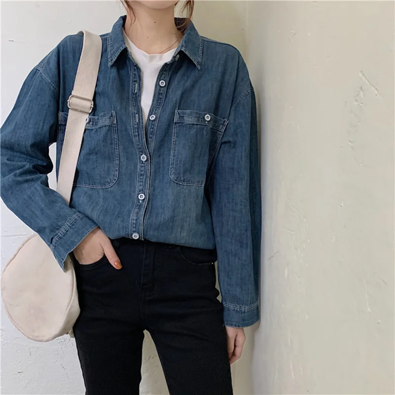 Женская ВИНТАЖНАЯ ДЖИНСОВАЯ РУБАШКА REALEFT свободная блузка с длинными рукавами и