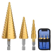 3pcset wood hole cutter cone drill hss titanium coated step drill bit drilling tools metal high speed steel 3 12mm 4 12mm 4 20m