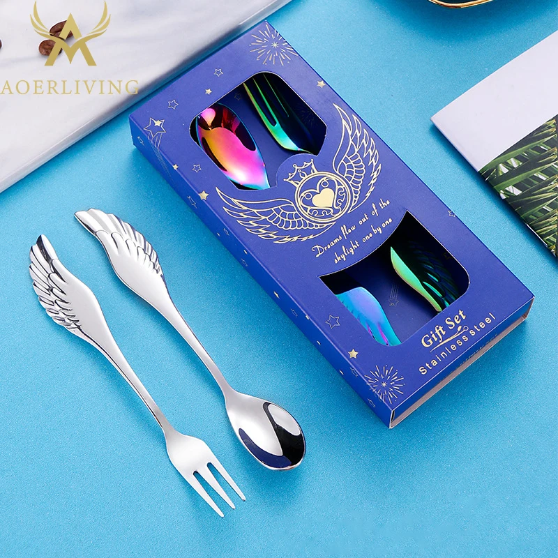 

Creative Tableware Angel Wings Spoon Fork Set Stainless Steel Spoon Fruit Fork Dessert Coffee Spoon Dinnerware Gift Cutlery Set
