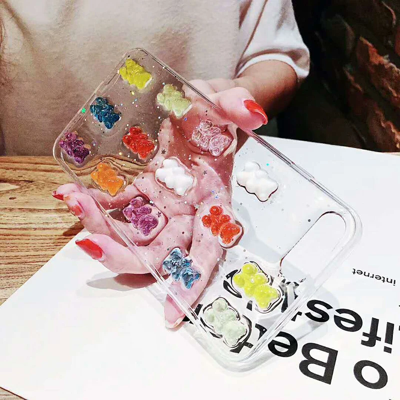 

Cute 3D Candy Colors Bear Phone Case for iphone 12 mini 11 Pro Max X XS XR SE 8 7 7Plus 6 6S Plus Glitter Transparent Soft Cover
