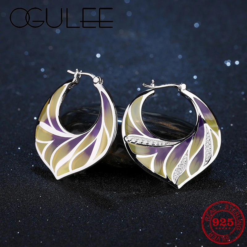 Женские серьги кольца в богемном стиле золотистые и фиолетовые с эмалью