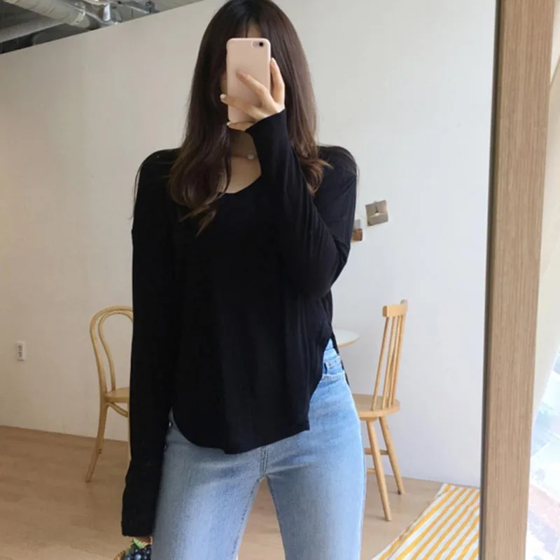 Black Spring T-Shirts Women Split Korean Slim Tops Casual Solid V-Neck Shirts Long Sleeve Cotton Vintage Autumn tshirts X705 | Женская