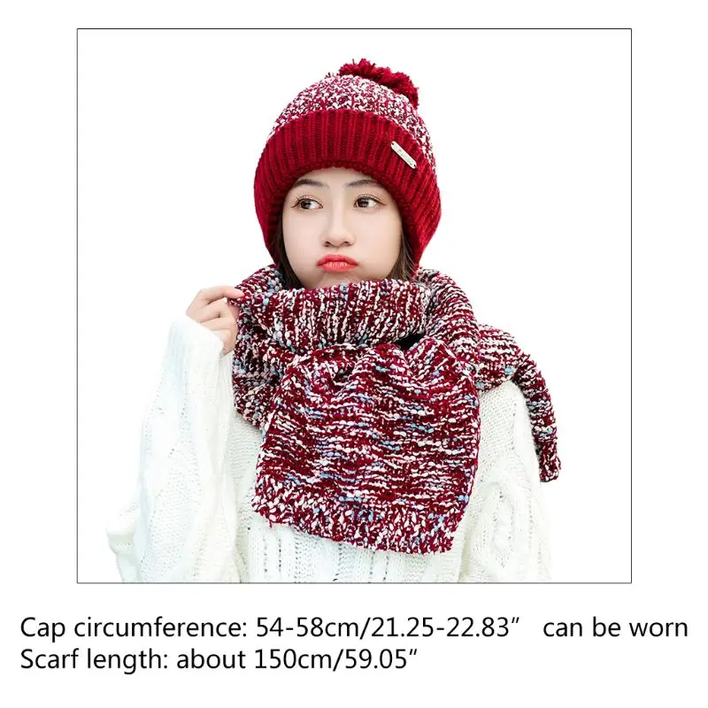 

Womens Winter Plush Lined Pompom Beanie Hat Long Scarf Set Chunky Colored Ribbed Knit Cuffed Skull Cap Neck Warmer