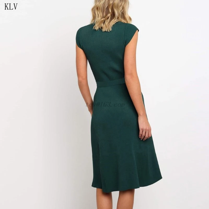 2019 лето осень трикотажное платье офисное женское с рукавами крылышками