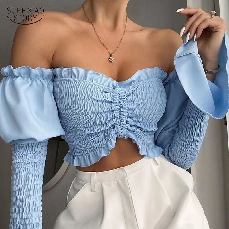 

Elegant Sexy Folds Slash Neck Solid Shirt Drawstring Puff Sleeve White Blouse Autumn Long Sleeve Shirt Tops Women Blusas 16972