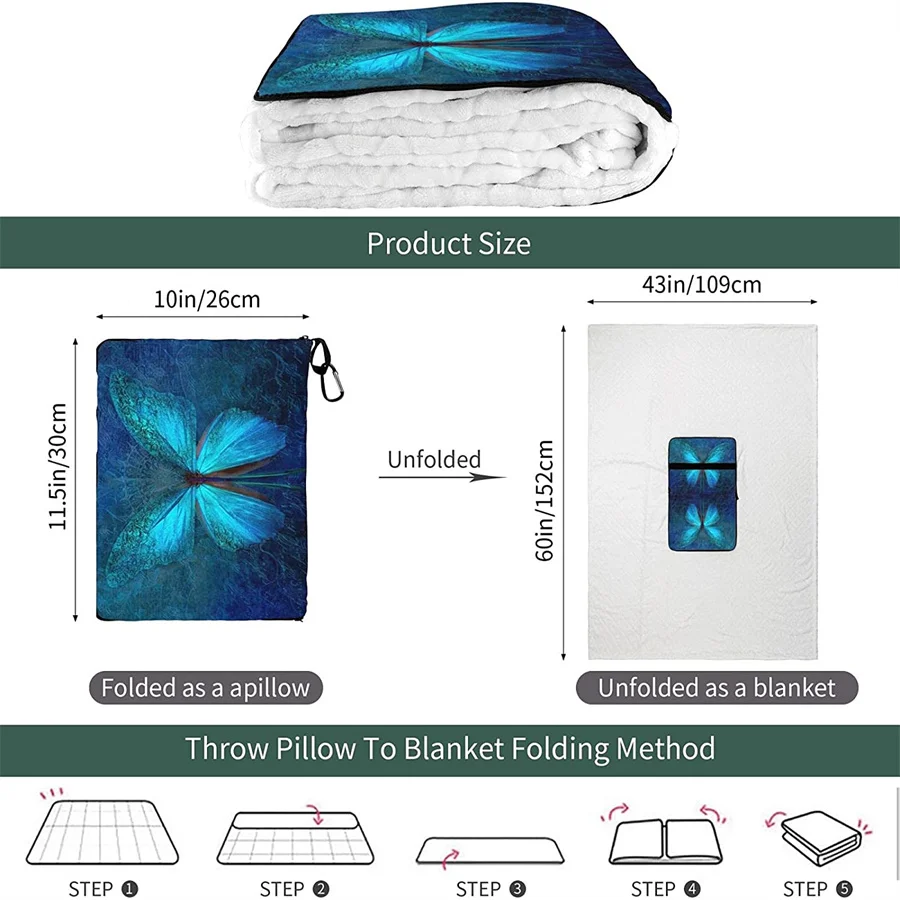 melhor Fantasia Azul Borboleta Viagem Travesseiro Cobertor Dois-em-um Mochila Cinta E Compacto Avião Saco Cintura Suporte 60x43 Polegadas