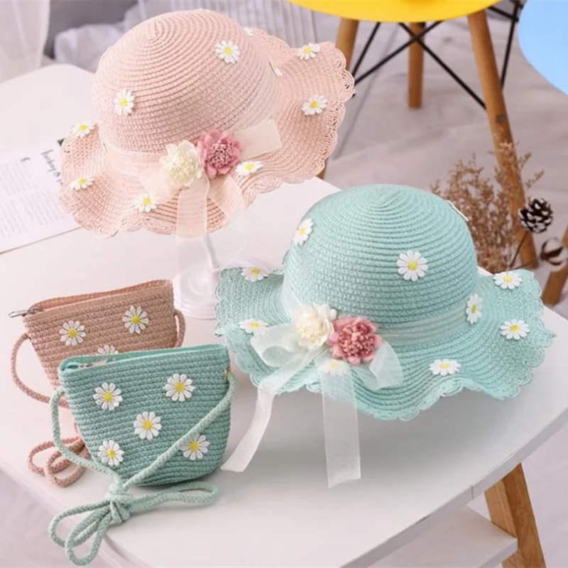 

Summer Baby Flower Straw Hat Breathable Straw Hat With Schoolbag Bag Children Hat Boy Girl Sunscreen Sun Visor UV Hat