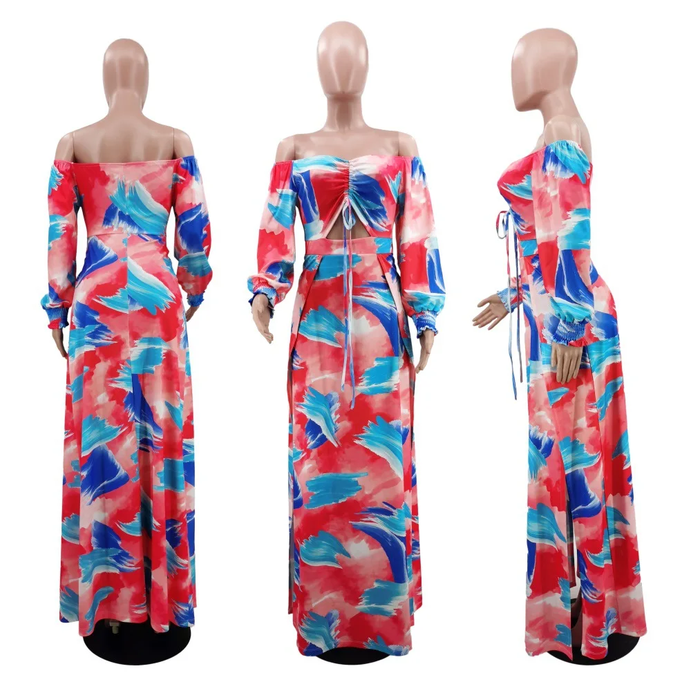 

Sexy One-Neck Dress Summer Womens Long-Sleeved Collocation Strap Hollow Digital Printing Fashion Quality Split Dress 2021 New