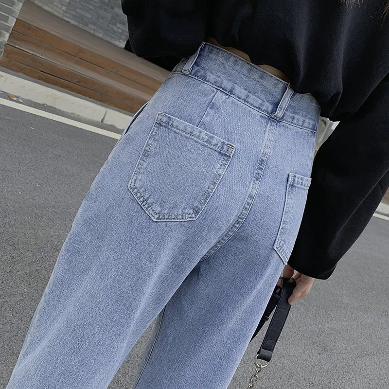 

2021 Women High Waist Loose Wide Legs Jeans Lady Students Autumn Straight Length Pants Female Jeansy Streetwear Cropped Trousers