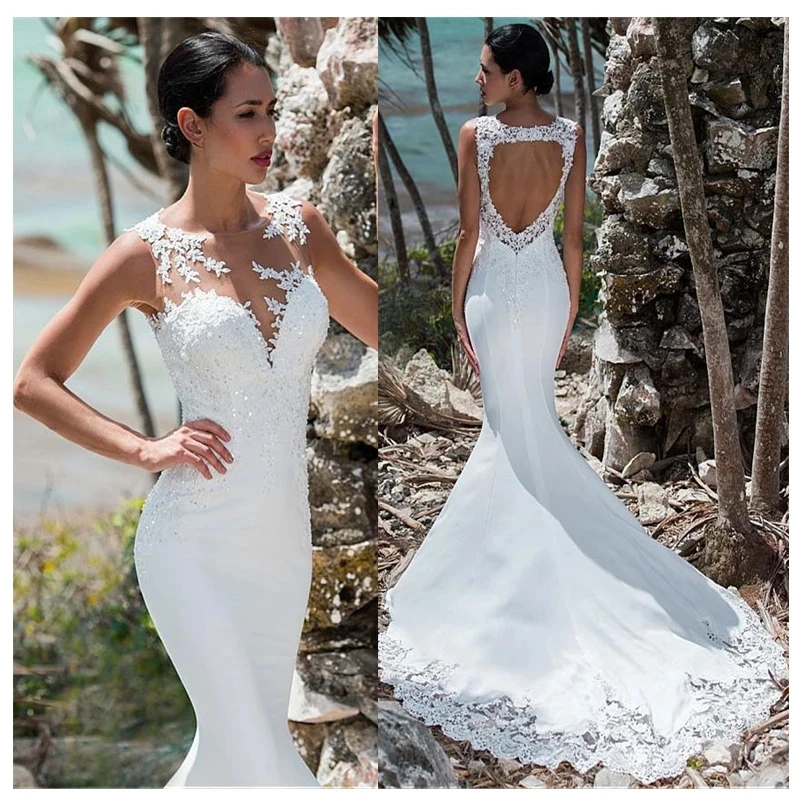 

Modest Soft Satin Bateau Neckline Mermaid Wedding Dresses With Lace Appliques Sheer Bridal Dress Illusion Back Vestido De Noiva