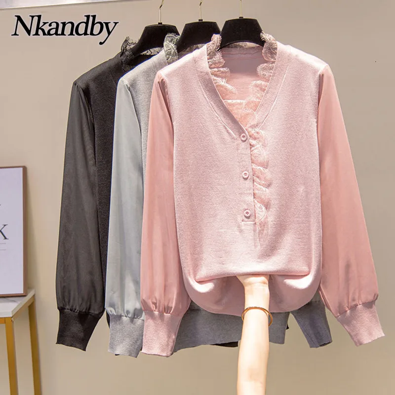 

Nkandby Plus Size Lace Trim Knitted Sweaters Women Autumn Fashion Patchwork Button Pullovers Jumpers Korean Solid Knitwear Tops