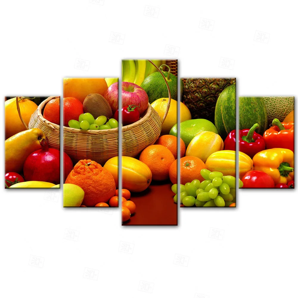 

5 Panels Kitchen Theme Decorative Canvas Art Prints A Variety Of Fruits Realist Modular Pictures Wall Paintings For Kitchen Room