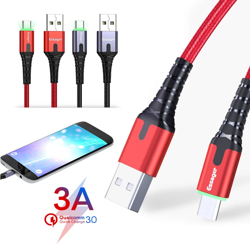 Essager LED USB Type C кабель Быстрая зарядка провод шнур 3 м USBC для Xiaomi K20 Samsung Oneplus 7 Pro