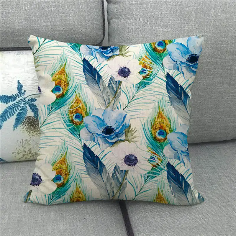 Наволочка для диванной подушки из льна/хлопка с павлиньими перьями | Дом и сад