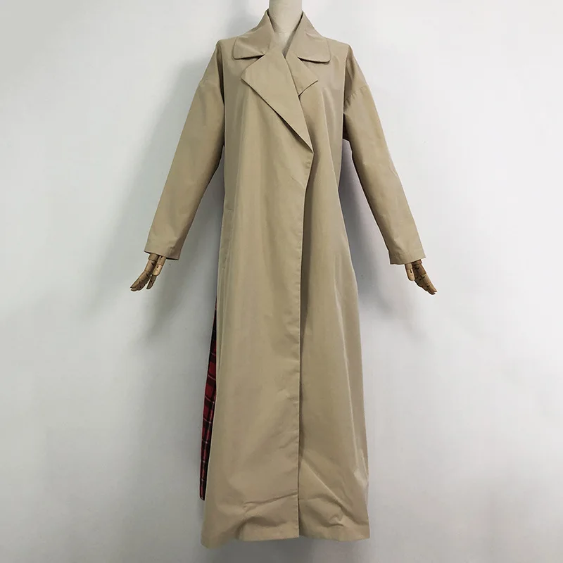 Женское пальто в красную клетку BOOFEENAA длинное цвета хаки ветровка уличная одежда