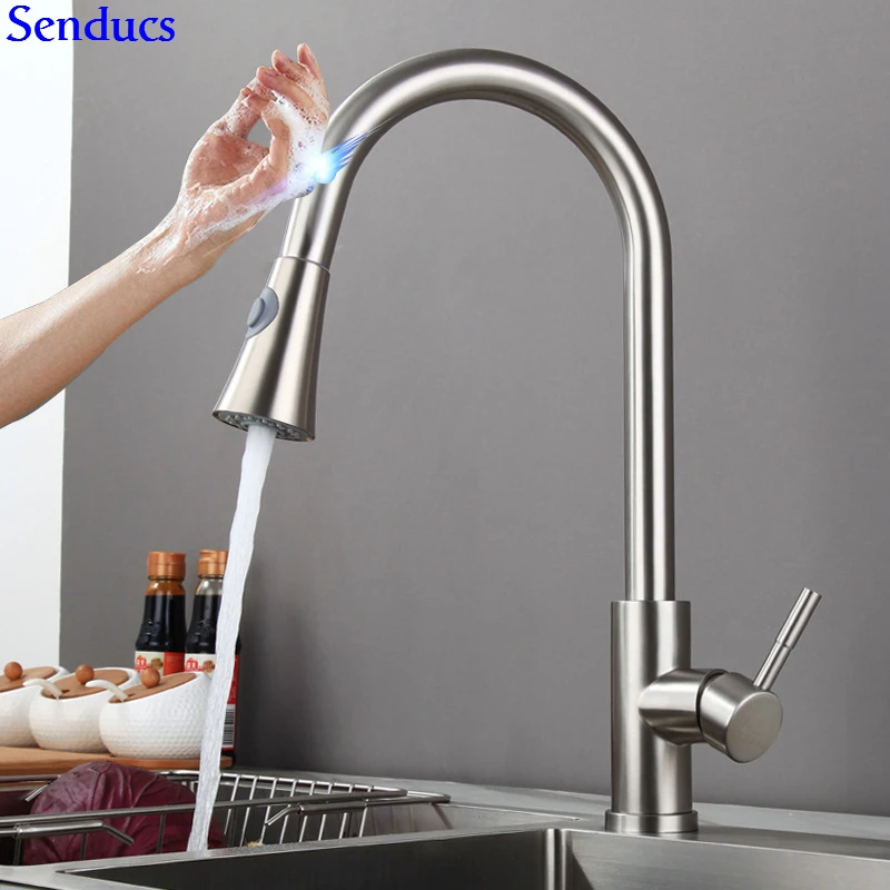 1270-H-brush2-touch Сенсорный кухонный кран Senducs Выдвижная кухонная раковина из нержавеющей стали кран Интеллектуальный матовый датчик кран и смеситель для кухонной раковины - Цвет: 1270-H-brush2-touch