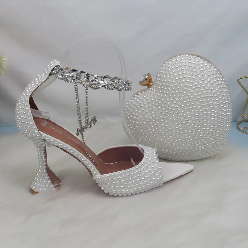 

Модные летние свадебные туфли BaoYaFang на ремешке с ремешком на щиколотке, вечерние классические туфли с острым открытым носком, жемчужные сан...