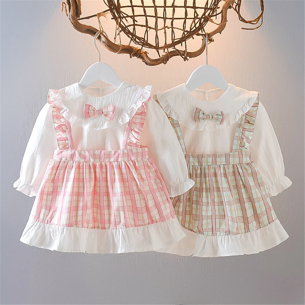 Платья для маленьких девочек, блузка в клетку с оборками на рукавах и цветами, Детская осенняя очень милая одежда, платья