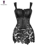 black red womens gothic lace up front punk faux leather bustier corset dress plus size lingerie sets with g string 903