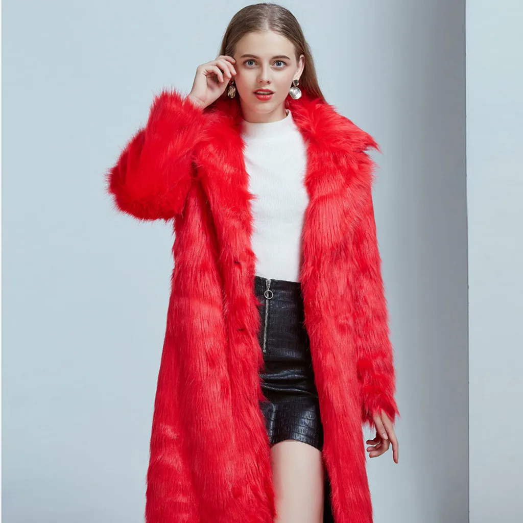 Ladies Faux Fur Wool Lamb Long Coat Fashion Women Outwear Long Sleeves Warm Coat Plush Jacket Long Overcoat Solid Plus Size
