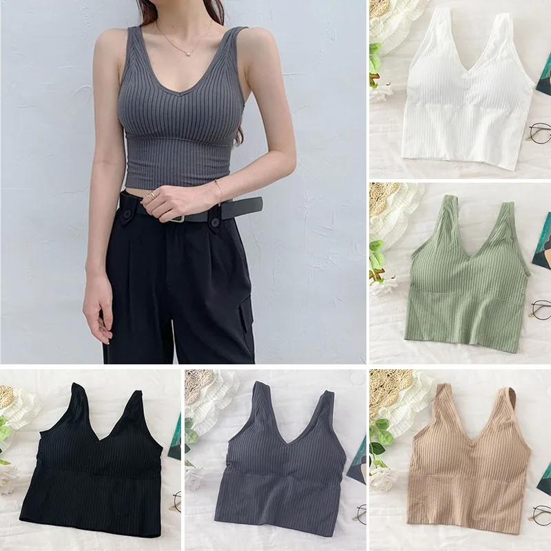 

Women Beautiful Back Camisoles V-neck Gathered Sports Fitness Tanks Solid Color Knitted Bottoming Tank Top Underwear