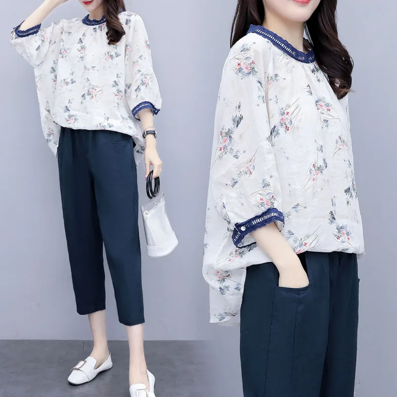 Модный женский летний модный Повседневный Топ с цветочным принтом + укороченные