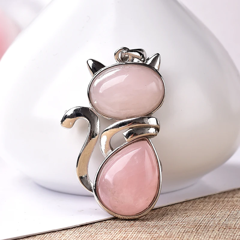 

1PC Cute Cat Pendant Natural Crystal Jewelry Rose Quartz Repair Healing Crystal Party Increase charm Jewelry For Woman Girl Gift