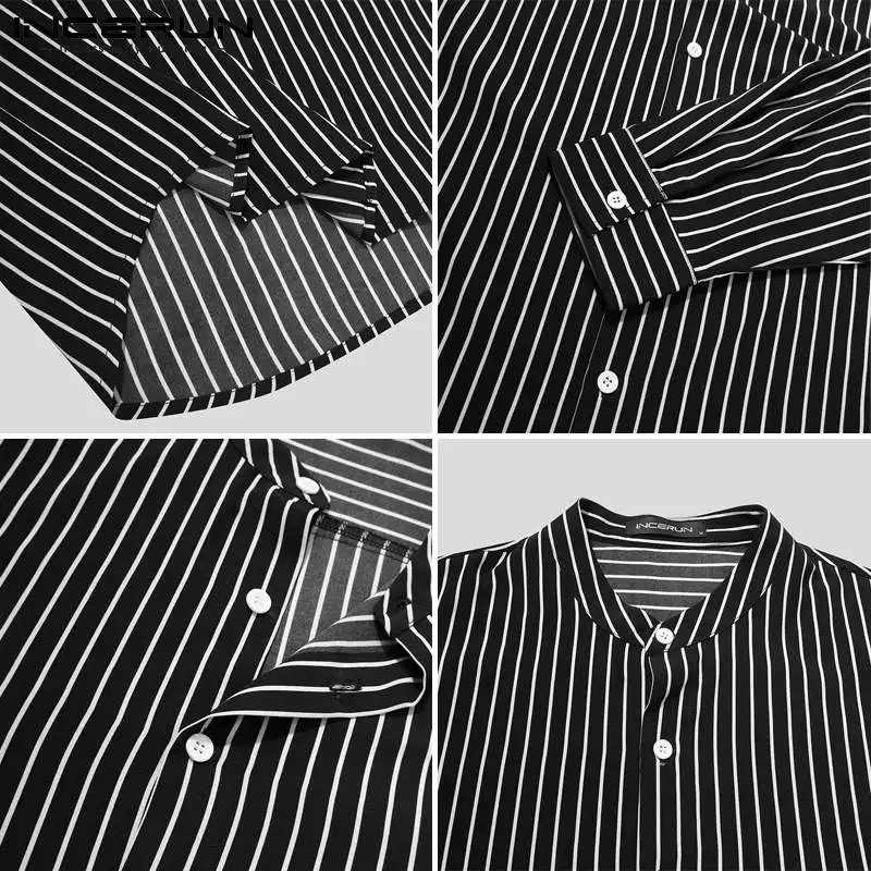 

2021 Spring Striped Men Casual Shirt INCERUN Man Long Sleeve Stand Collar Blouse Korean Style Leisure Button Loose Camisa S-5XL