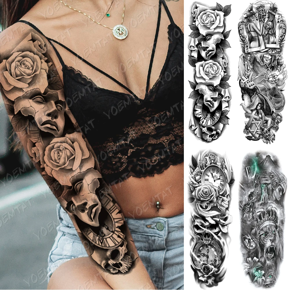 

Large Arm Sleeve Tattoo Mask Rose Poker Waterproof Temporary Tatto Sticker Lion Crown Body Art Full Fake Tatoo Women Men