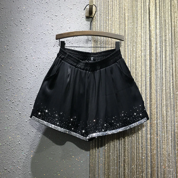 

Women's Summer Shorts Hot Drilled Casal Shorts 2021 New Elastic High waist Loose Large Size A-line Wide Leg Shorts