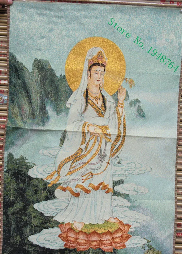

36 pulgadas de seda china bordado soporte Kwan-yin Guan Yin diosa Thangka pinturas Mural.