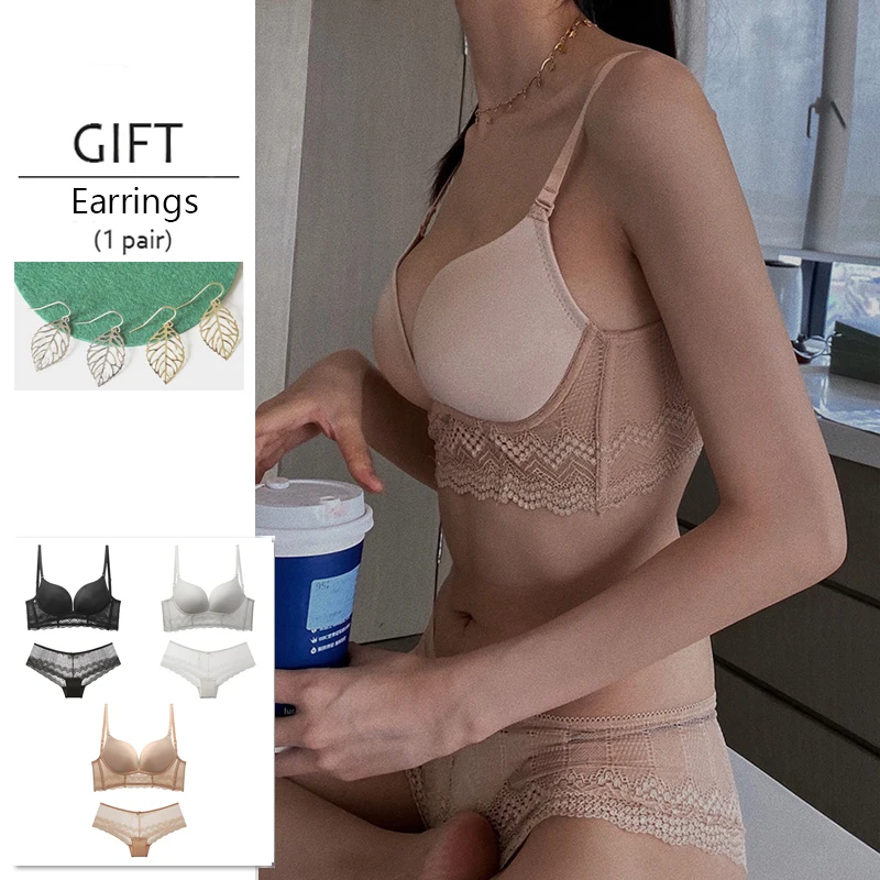 2 Piece Set Seamless Push Up Bra And Panties For Small Breasts Women Sexy Lingerie Wireless Deep U Backless Lace Underwear Girls