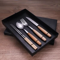 wooden tableware set stainless steel knife spoon and fork set dinnerware chopsticks kitchen device sets zero waste gift box