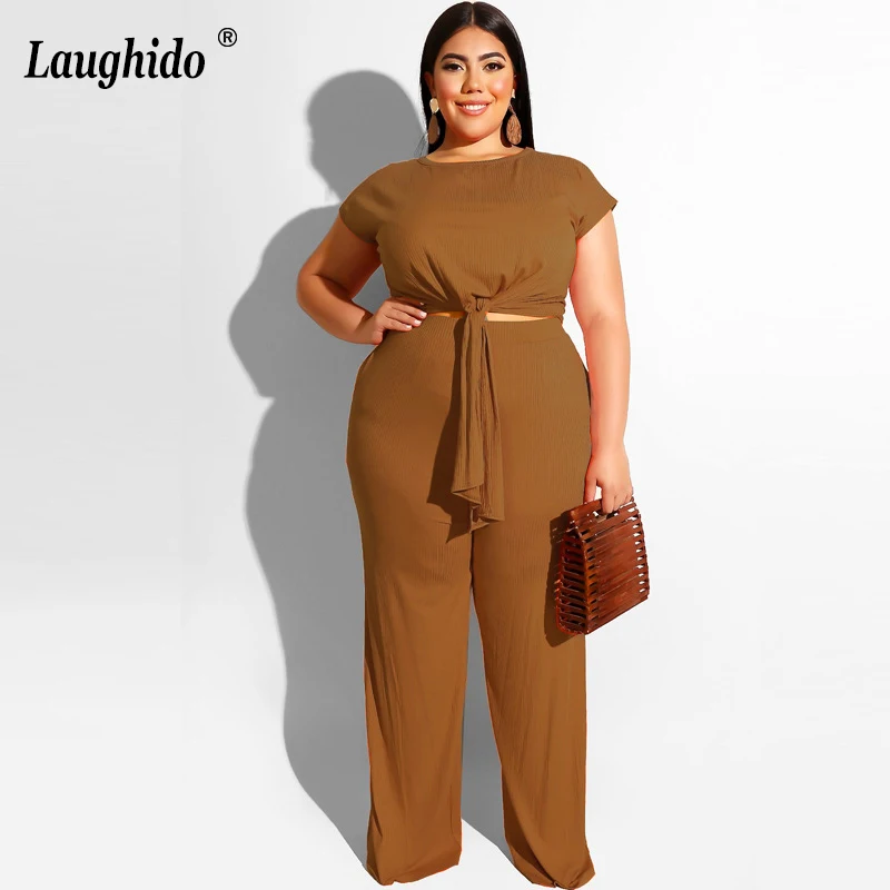 Laughido плюс размер женский комплект повседневные бандажные топы и длинные прямые