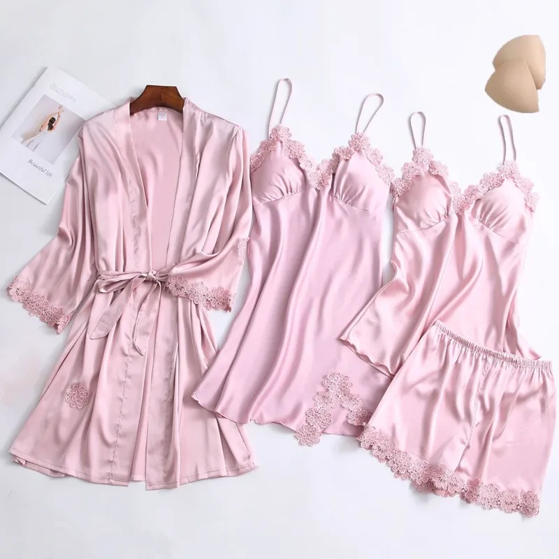 Новинка весна Атласный Женский пижамный комплект из 4 предметов ночная рубашка