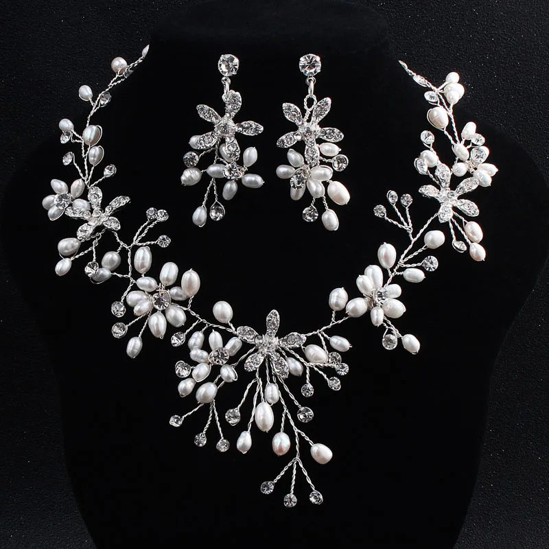 

SLBRIDAL Handmade Rhinestones Austrian Crystal Freshwater Pearls Wedding Jewelry Set Bridal Necklace Earring Set Women Jewelry
