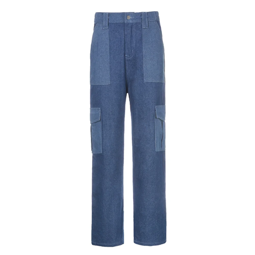 

XBUEN Fashion Jeans Women High Waist Stitching Contrast Color Denim Clothing Streetwear Hip Hop Straight Pants With Pockets 2021