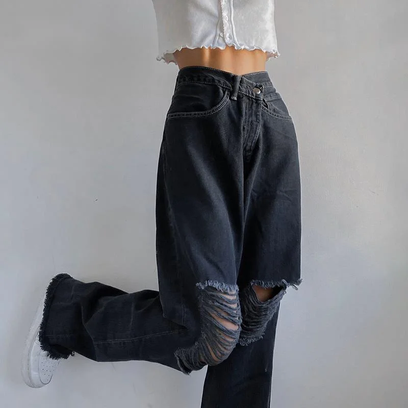 

New Fashion Holes High Waist Jeans Femme Pantalon 90s Vintage Streetwear Loose Korean Trousers Joggers Women Denim Pants