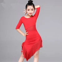 2020 new kids child girls latin dance dress fringe latin dance clothes salsa costume black red ballroom tango dresses for sale