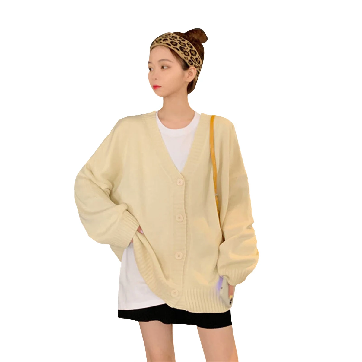 

Кардиган женский трикотажный с мультяшным принтом, супербольшой пуловер, простой свитер с V-образным вырезом для студентов, модный универса...