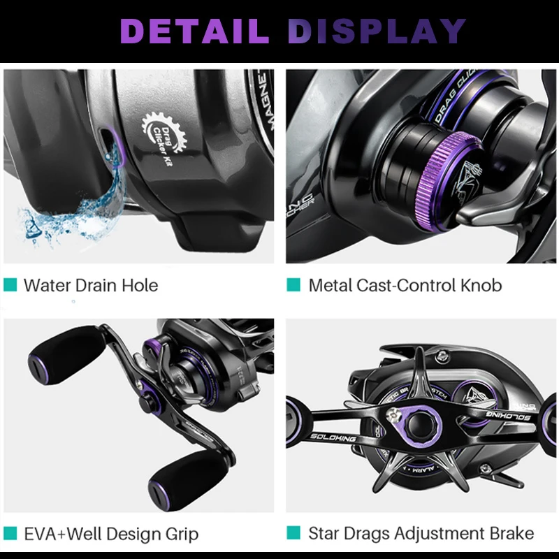 GKA200T Fishing Reels Baitcasting Reel Magnetic Brake Casting Reel 9KG Max 6+1 BB Drag Clicker Sound Baitcaster Reel