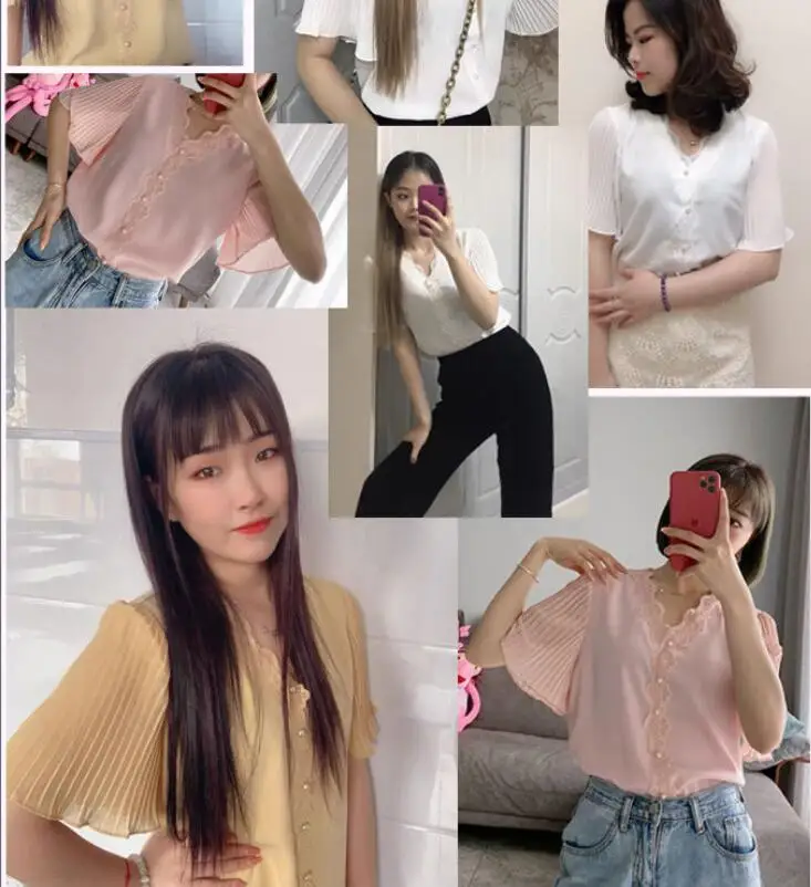 

Beads Lace Women Blouses Solid Color White Shirt Ladies Tops Korean Chiffon Blouse Office Short Sleeve Top Blusas Mujer De Moda